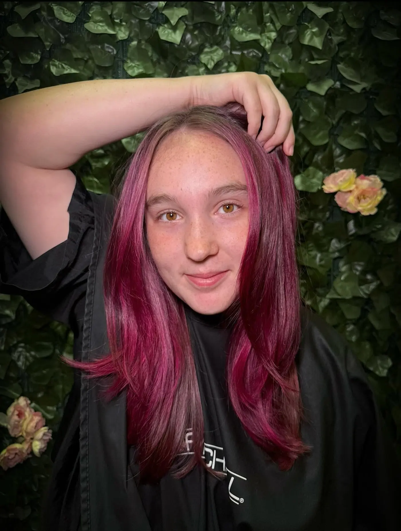 A vivid magenta underlayer beneath a natural base — Cosmetology by Cami, Hammond, Louisiana