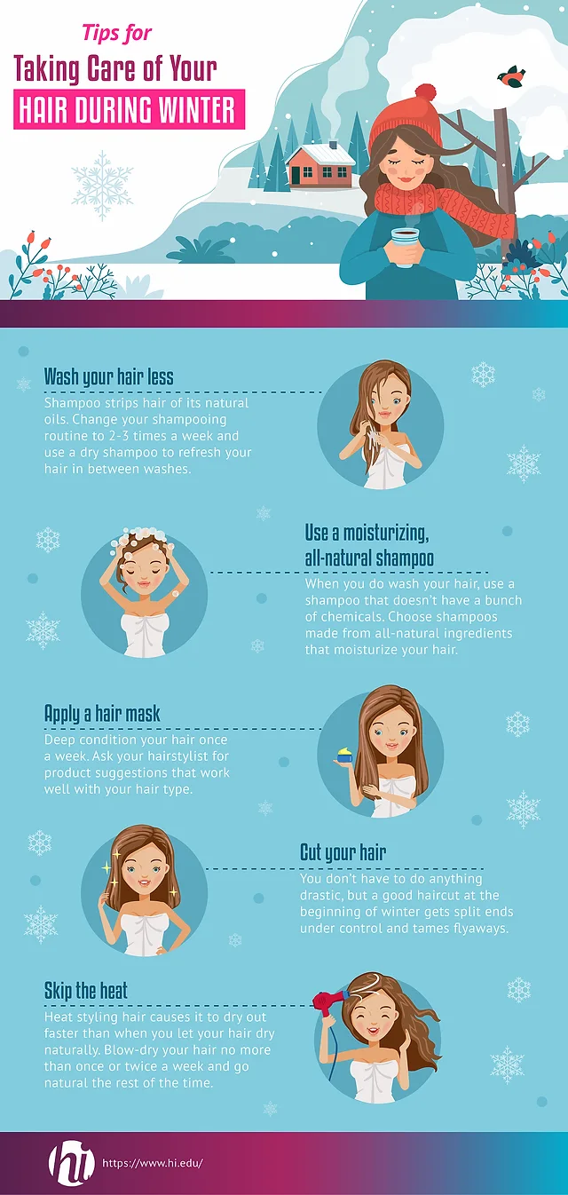 infographic with winter hair care tips showing washing less and natural products